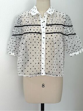 Anthropologie Maeve Leandra Shirred Blouse NWT White Black Polka Dots Sheer M